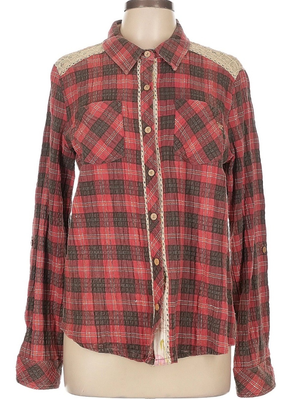 Miss Me Red Plaid Button-Up Shirt with Crochet Shoulder Detail